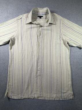 Van Heusen Studio Men's Green Striped Short Sleeve Linen Blend Shirt